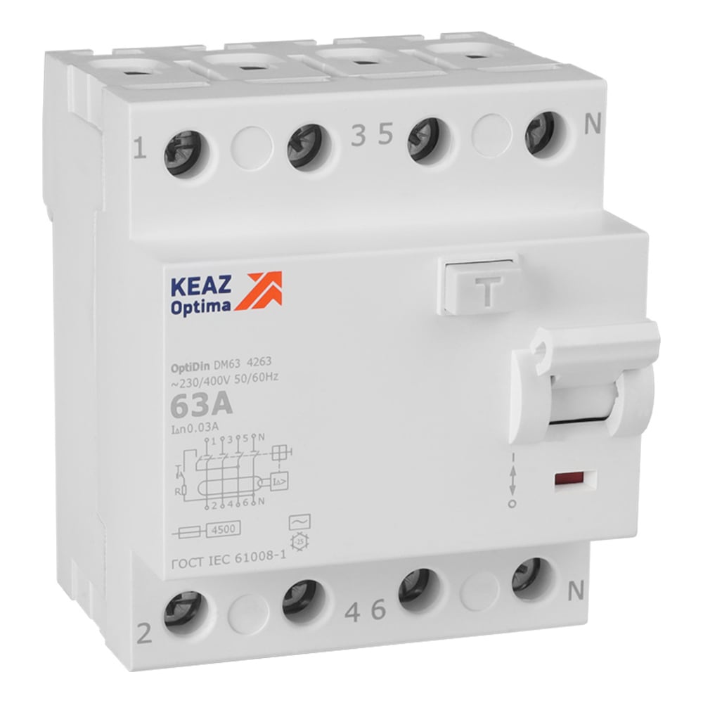 Изображение товара Выключатель дифференциального тока КЭАЗ OptiDin DM63-4263-AC-4,5-УХЛ4 4P 30mA