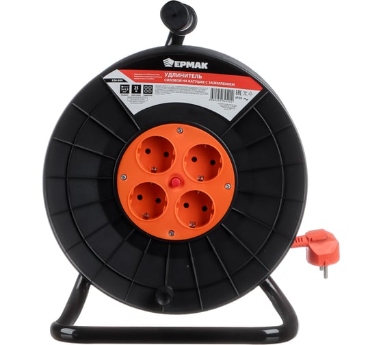 Изображение товара Силовой удлинитель ЕРМАК на катушке с заземлением, 4 гнезда, евро, 3х1,5мм2, 25м 636-044