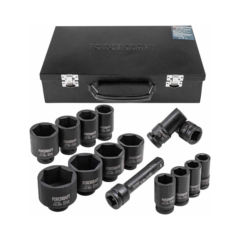 Изображение товара Набор головок ударных глубоких 3/4"DR, 6-гранные, 14 предметов (17-65 мм), в металлическом кейсе Forcekraft FK-6142-5MPB(58389) Изображение товара Набор головок ударных глубоких 3/4"DR, 6-гранные, 14 предметов (17-65 мм), в металлическом кейсе Forcekraft FK-6142-5MPB(58389)