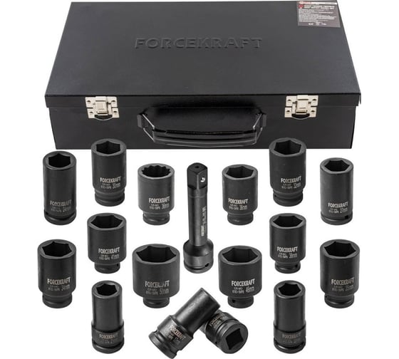 Изображение товара Набор головок ударных глубоких 3/4"DR, 6-гранные, 16 предметов (17-50 мм) Forcekraft FK-6163-5MPB(58391)