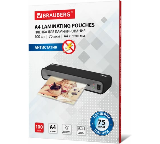 Изображение товара Пленки-заготовки для ламинированияя BRAUBERG АНТИСТАТИК, комплект 100 шт., 531792