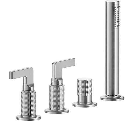 Изображение товара Смеситель для ванны на 4 отверстия Gessi Inciso налив через слив-перелив, выдвижная лейка, шланг 1500 мм, цвет Finox Brushed Nickel 58043.149