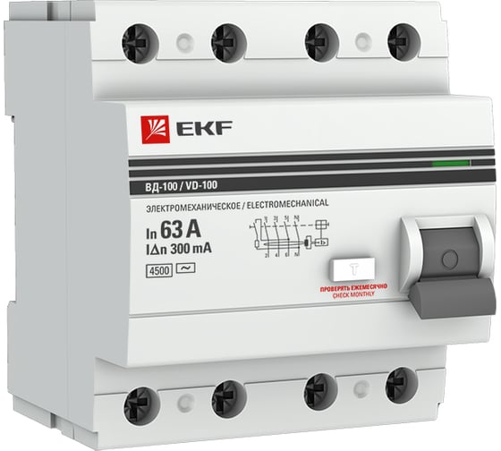 Изображение товара Устройство защитного отключения EKF УЗО ВД-100, 4P, 63А/300мА, PROxima, SQ elcb-4-63-300-em-pro