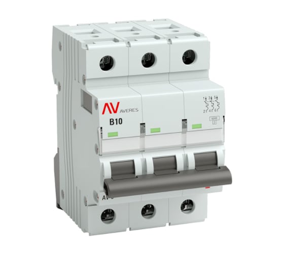 Изображение товара Автоматический выключатель EKF AVERES AV-6, 3P, 10A, 6kA mcb6-3-10B-av