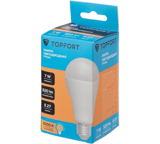 Изображение товара Светодиодная лампа Topfort E27, 7W, 3000K, груша 1885103
