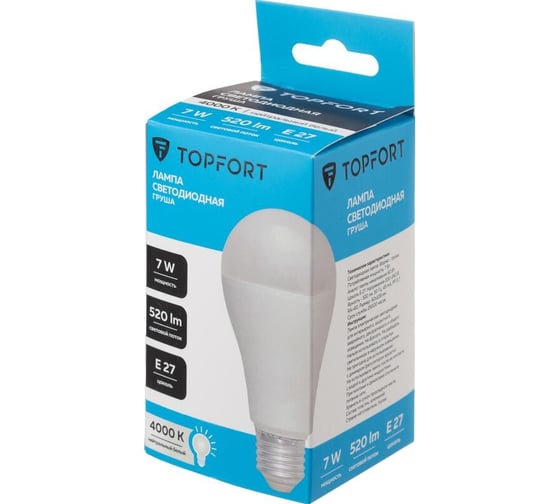 Изображение товара Светодиодная лампа Topfort E27, 7W, 4000K, груша 1885105