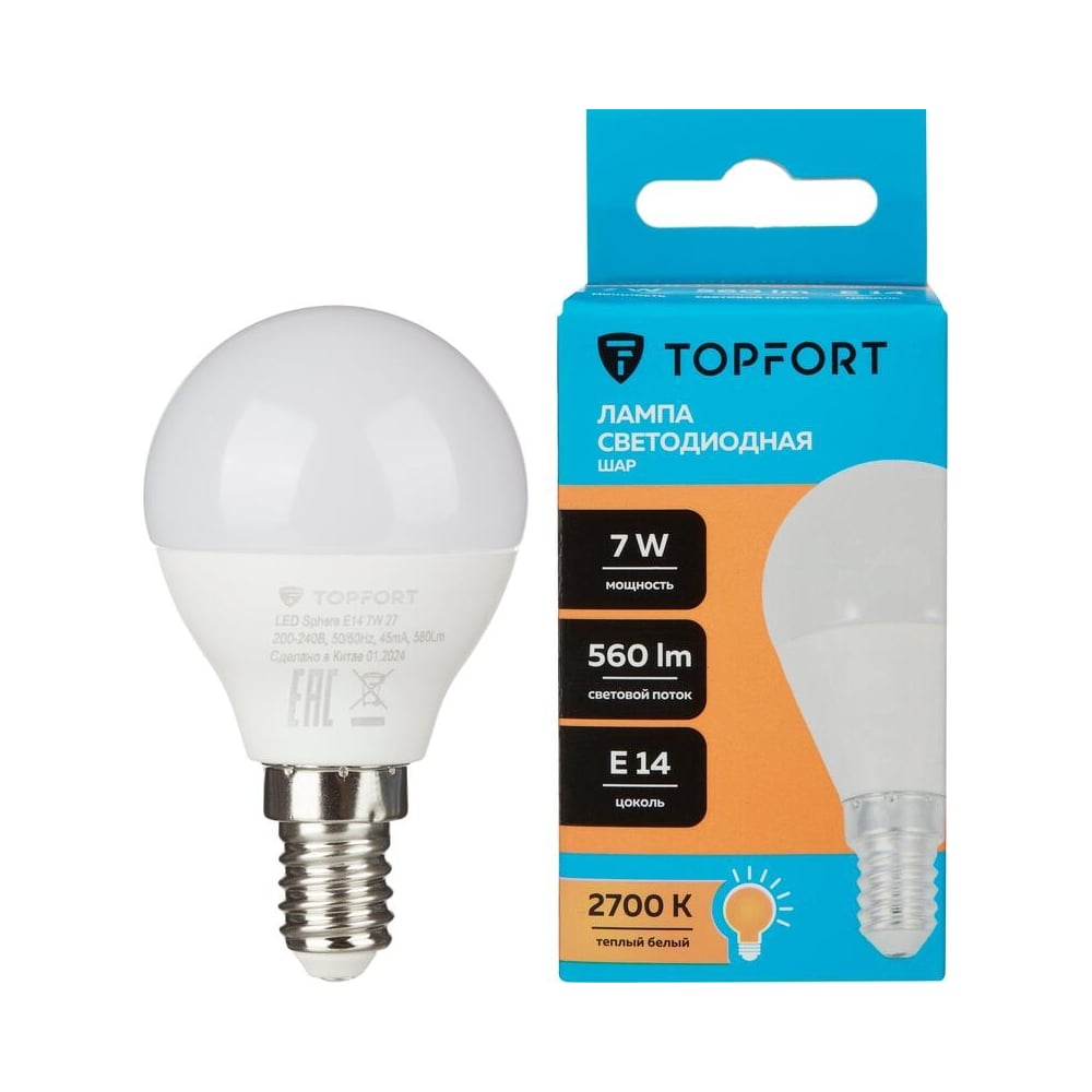 Изображение товара Светодиодная лампа Topfort E14, 7W, 2700K, теплый белый