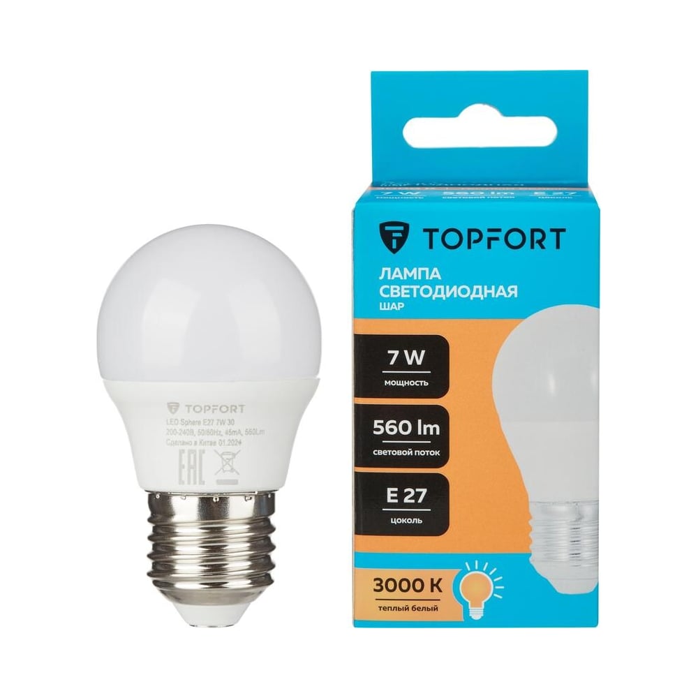 Изображение товара Светодиодная лампа Topfort E27, 7W, 3000K, шар 1886252