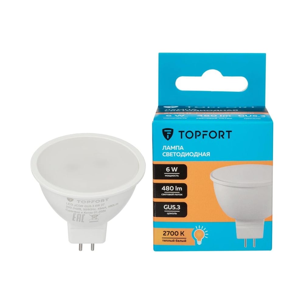 Изображение товара Светодиодная лампа Topfort GU5.3 6W 2700K 480лм энергосберегающая
