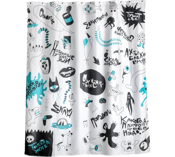 Изображение товара Занавеска для ванной комнаты Moroshka Irony тканевая, цвет белый, черный и бирюзовый xx010-26