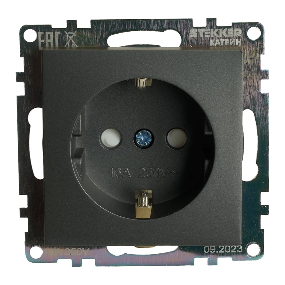 Изображение товара Розетка 1-местная STEKKER с защитной шторкой с/з (механизм), 250в, 16а, серия катрин, графит, gls16-7110-06 49423