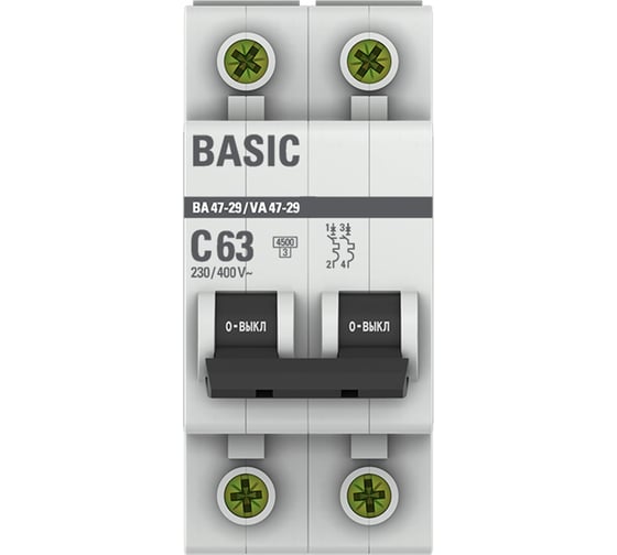 Изображение товара Автоматический выключатель EKF 2P 63А (C) 4,5кА ВА 47-29 Basic mcb4729-2-63C