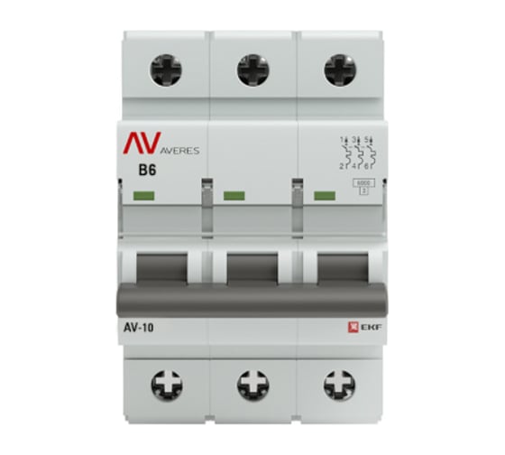 Изображение товара Автоматический выключатель EKF AVERES AV-10, 3P, 6A, 10kA mcb10-3-06B-av