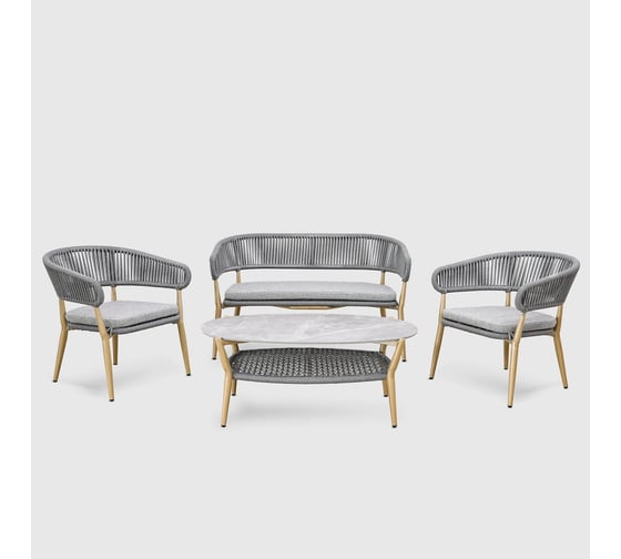 Изображение товара Комплект мебели для сада ООО "Фотон" Konway SAMOS, диван + 2 кресла + стол, роуп серый/алюминий имитация дерева, для дачи, сауны, бассейна, веранды E1169