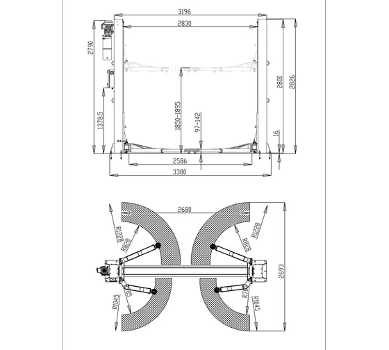 Изображение товара Автоподъемник двухстоечный Rossvik T4B г/п 4.0т, 380В, электрогидравлический с нижней синхронизацией T4B.380.7016