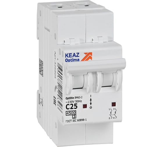 Изображение товара Выключатель автоматический КЭАЗ модульный OptiDin BM63-2C25-4,5-УХЛ3 326805