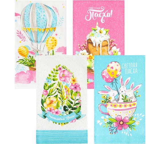 Изображение товара Набор кухонных полотенец Доляна Пасхальные забавы 35x60 см - 4 шт., 100% хлопок 5511238