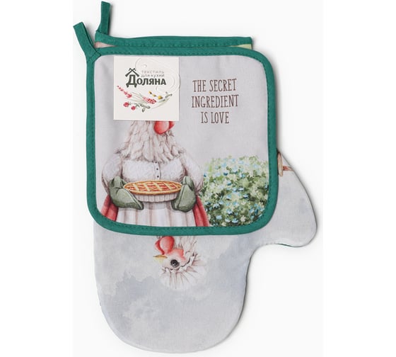 Изображение товара Кухонный набор Доляна Курочка: варежка 20x28 см, прихватка 17х17 см, 35% хлопок, 65% полиэстер 9927487