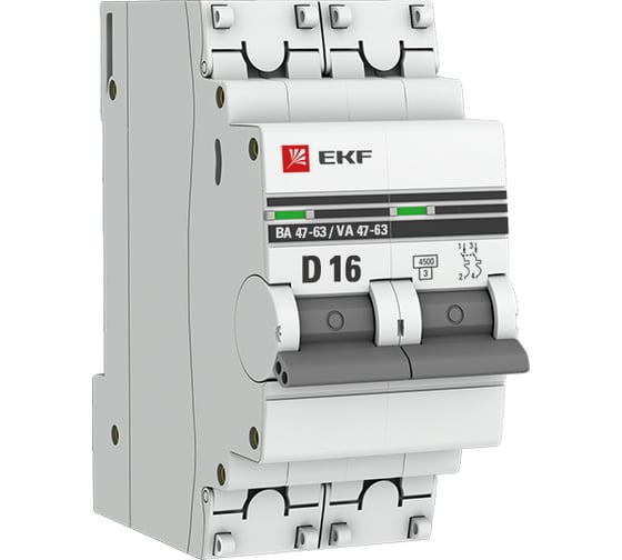 Изображение товара Автоматический выключатель EKF 2P, 16А, 4.5kA, ВА 47-63, PROxima mcb4763-2-16D-pro