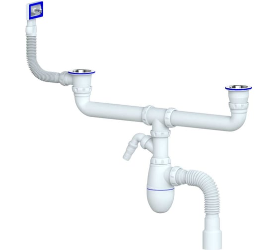 Изображение товара Сифон для двойной мойки Unicorn универсальный прикручивающийся выпуск 1 1/2" (Ø40) жесткое соединение, прямоугольный перелив, отвод для стиральной машины, винты 6×40, гибкий отвод в канализацию Ø40×40/50 B747V