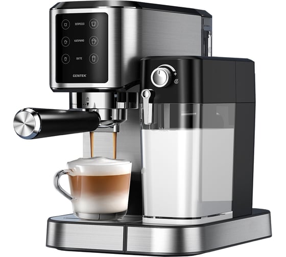 Изображение товара Кофеварка Centek 3в1, эспрессо, 20 бар, капучино + латте, 1 л + 0.5 л, 1450 Вт, сенсор, LED CT-1169