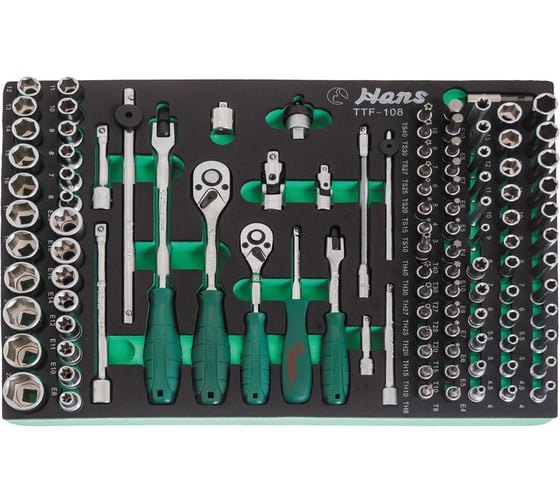 Изображение товара Набор бит, торцевых головок и аксессуаров Hans на 1/4", 3/8", 108 предметов, ложемент TTF-108