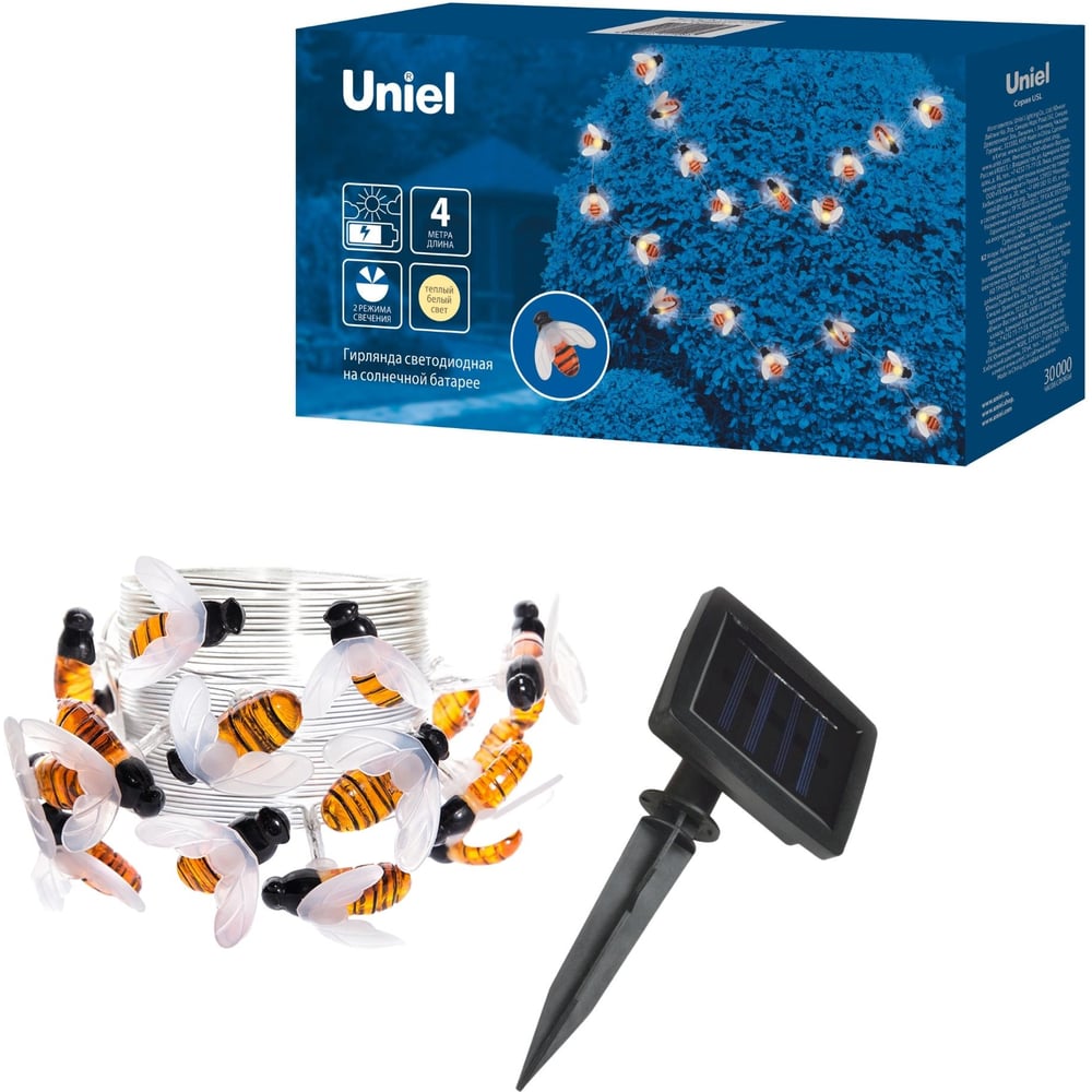 Изображение товара Садовая гирлянда на солнечной батарее Uniel Пчелки 20 LED теплая белая IP44