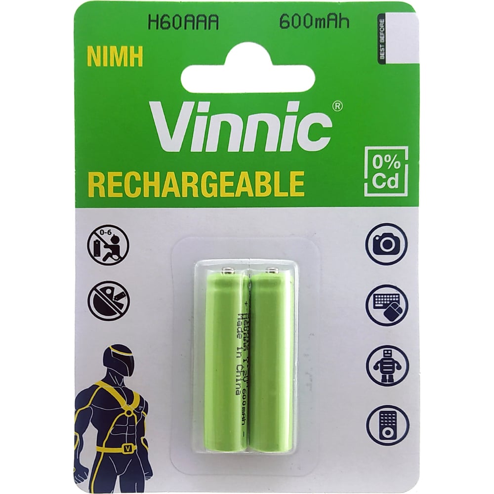 Изображение товара Аккумуляторы VINNIC R03 AAA Ni-MH 600mAh 2 шт долговечные и перезаряжаемые