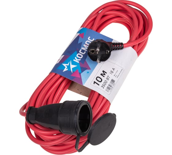 Изображение товара Удлинитель-шнур КОСМОС 10м 1 гнездо ПВС 2*1.5 мм 16А 220В 3500Вт УХ16 YSHKsm10m-1g(16A)S