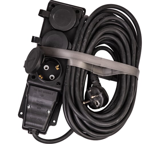 Изображение товара Удлинитель-колодка КОСМОС 10м 3 гнезда КГ 3*2.5 мм 16A 250В 4000Вт каучук IP44, YKsm10m-3g(16A)KG-B