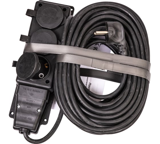 Изображение товара Удлинитель-колодка КОСМОС 15м 3 гнезда КГ 3*2.5 мм 16A 250В 4000Вт каучук IP44, YKsm15m-3g(16A)KG-B