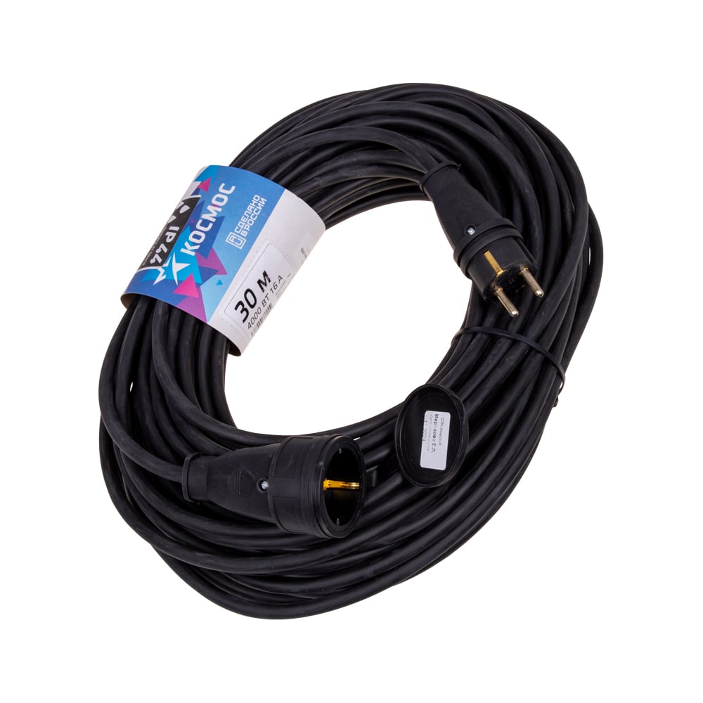 Изображение товара Удлинитель-шнур КОСМОС 30м 1 гнездо КГ 3*2.5 мм 16A 250В 4000Вт каучук IP44 оранжевый УХз16 YSHKsm30m-1g(16A)KG