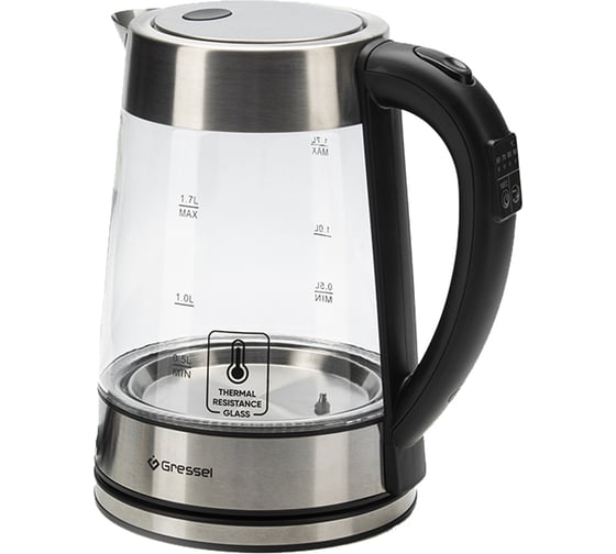 Изображение товара Электрический умный чайник Gressel 2200 Вт, 1.7 л, STRIX-контроллер, 5 видов подсветки, управление на ручке, серебристый GRK-1106