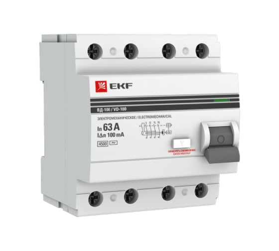 Изображение товара Устройство защитного отключения EKF PROxima ВД-100, УЗО, 4P, 63А/100мА elcb-4-63-100-em-pro