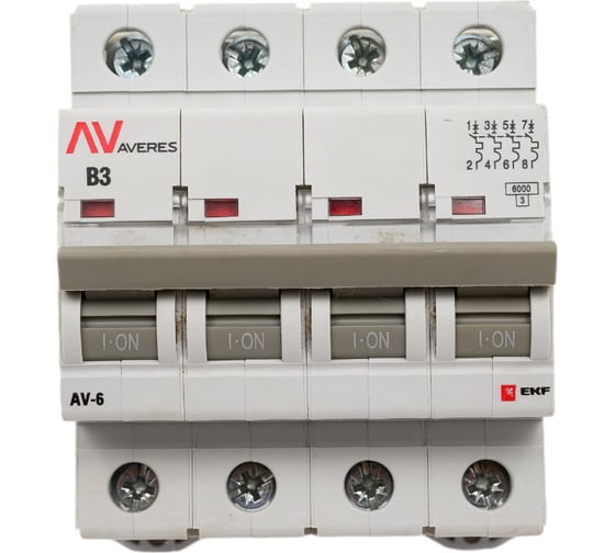 Изображение товара Автоматический выключатель EKF AV-6, 4P, 3A, 6kA, AVERES mcb6-4-03B-av