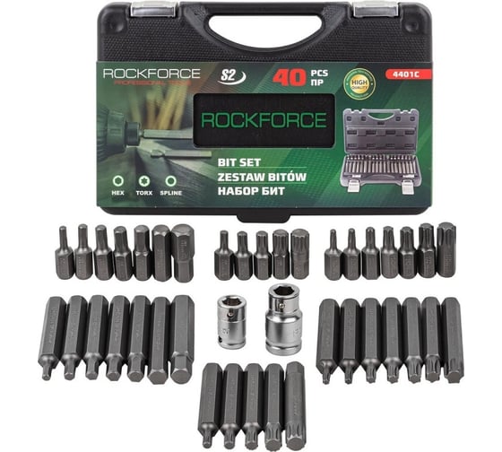 Изображение товара Набор бит TORX (40 шт; 10 мм, 1/2",1/4",3/8"; 75/30мм:T20-T55,H4-H12,M5-M12) Rockforce RF-4401C (7077)