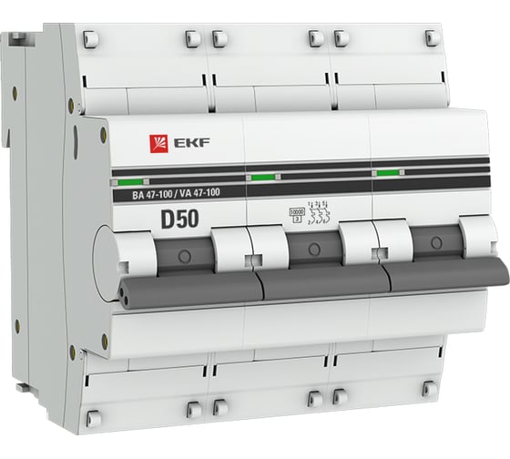 Изображение товара Автоматический выключатель EKF 3P, 50А, 10kA, ВА 47-100, PROxima, SQ mcb47100-3-50D-pro
