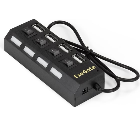 Изображение товара USB-Хаб концентратор ExeGate 4-в-1 DUB-42SW кабель-адаптер USB2.0-4xUSB2.0, кнопки включения отключения для каждого порта, Plug&Play, черный 293977