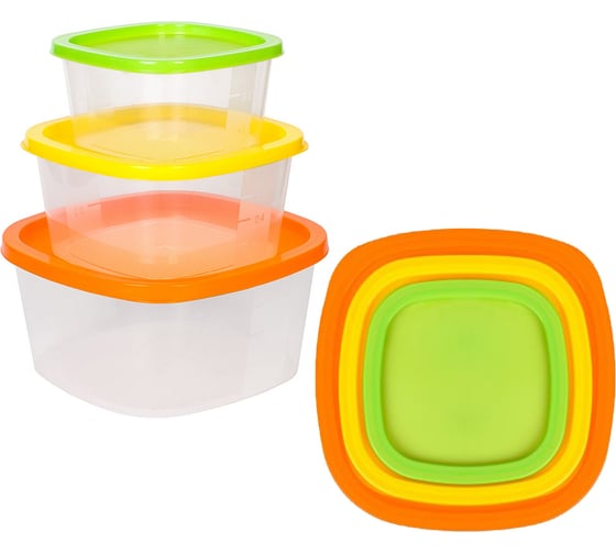 Изображение товара Контейнеры для СВЧ и заморозки Мультипласт Групп в наборе 3 шт., 0,5+0,9+1,55 л, квадратные, микс MPG6689