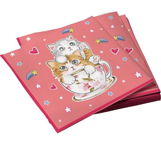 Изображение товара Салфетки бумажные трехслойные ND Play Котики на розовом, 33x33 см, 20 шт 312068