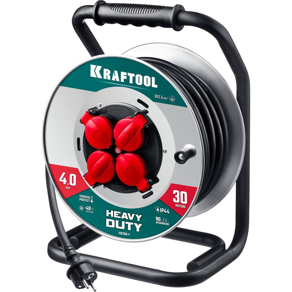 Силовой удлинитель на стальной катушке KRAFTOOL КГ 3х2.5 30м 4000Вт IP44, HEAVY DUTY 55086-30_z01