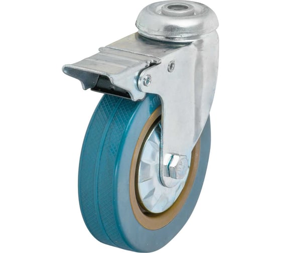 Изображение товара Колесо 100 мм, под болт М10, поворотное, с тормозом, ПВХ, синее Левша У7-10007