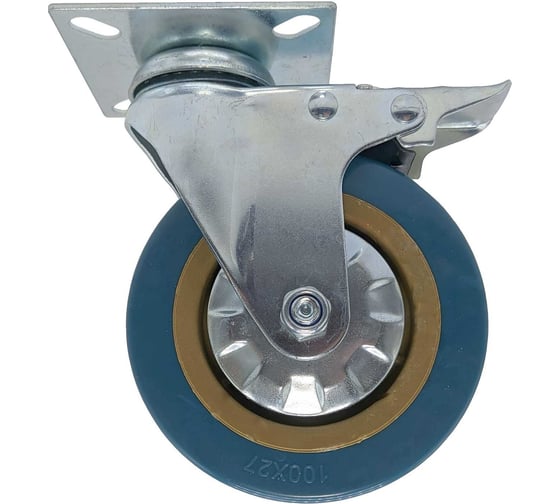 Изображение товара Колесо 100 мм, на площадке, поворотное, с тормозом, ПВХ, синее Левша У7-10003