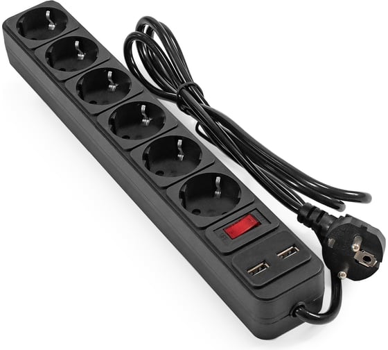 Изображение товара Сетевой фильтр-удлинитель с USB зарядкой ExeGate SP-6-USB-1.8B 6 евророзеток с заземлением, 2 USB-A 2A, 1.8м, защита от перегрузки, выключатель с подсветкой, черный 295492