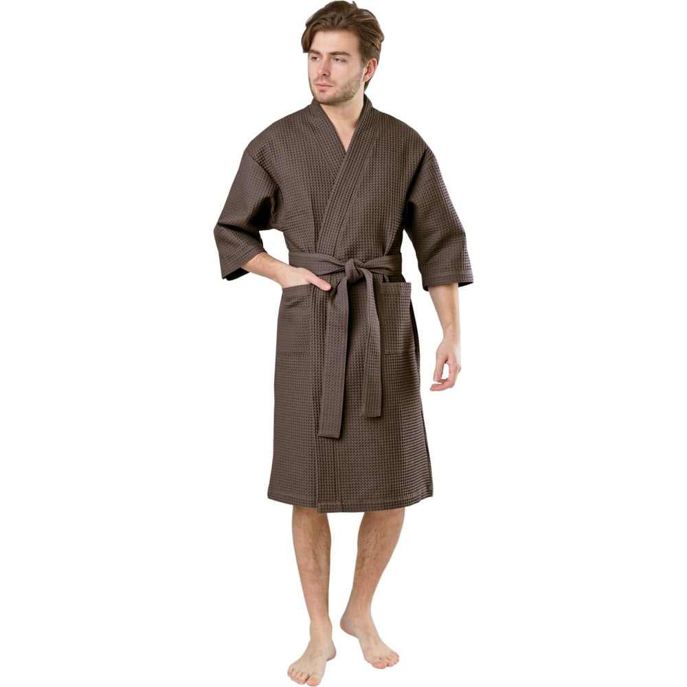 фото Мужской вафельный халат вотекс кимоно, размер 56-58, коричневый 969 0840-15454001-58170