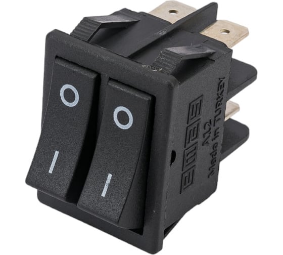 Изображение товара Двухклавишный выключатель Emas без подсветки, черные клавиши, 1НО+1НО, 250В AC, 16А A12B1H10