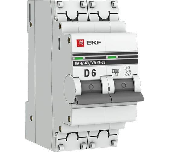 Изображение товара Автоматический выключатель EKF 2P, 6А, 4.5kA, ВА47-63 PROxima mcb4763-2-06D-pro