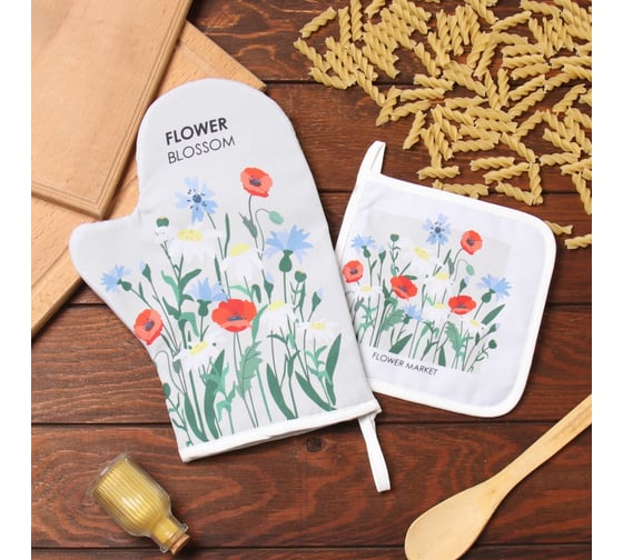 Изображение товара Набор кухонный Доляна "Полевые цветы": варежка 20x28 см, прихватка 17x17 см, 35% хл, 65% пэ 9927520