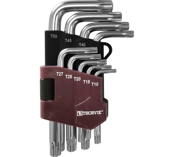 Изображение товара Набор торцевых ключей T-TORX коротких с центрирующим штифтом Thorvik TTKS9S Т10H-T50H, 9 пр. 53140
