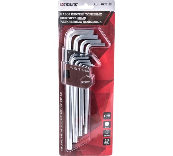 Изображение товара Набор торцевых шестигранных удлиненных дюймовых ключей Thorvik HKIL10S H1/16 -H3/8 , 10 предметов 53099